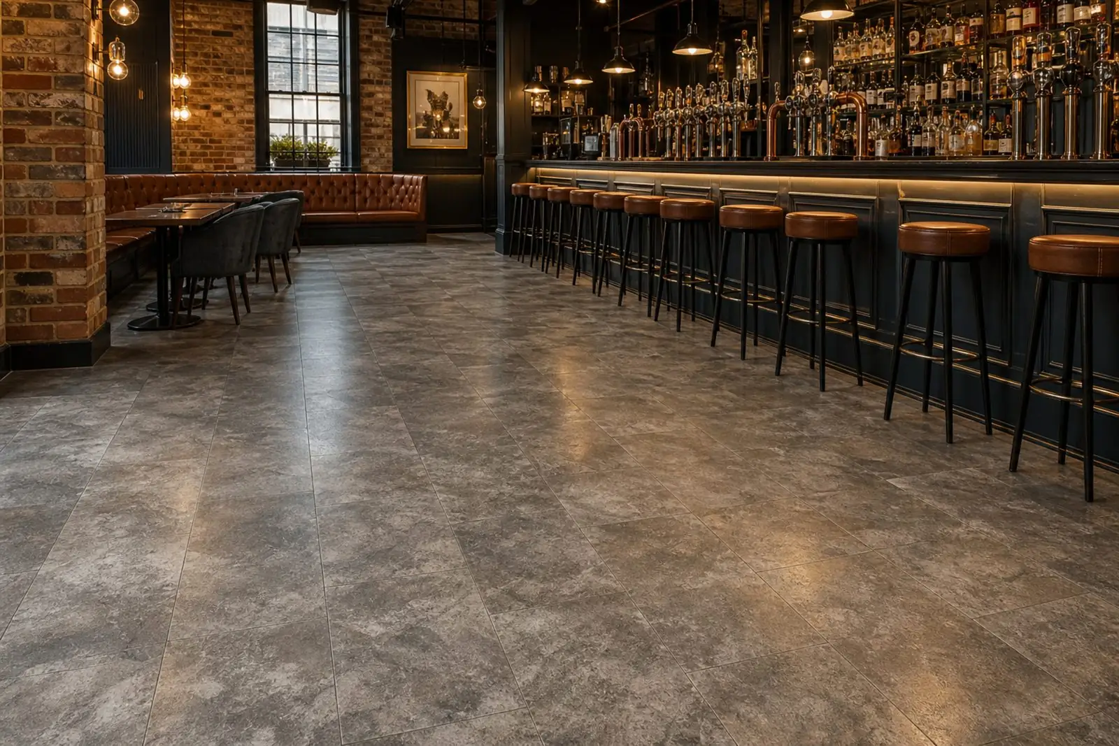 London gastropub with a newly fitted stone-effect LVT floor leading to the bar
