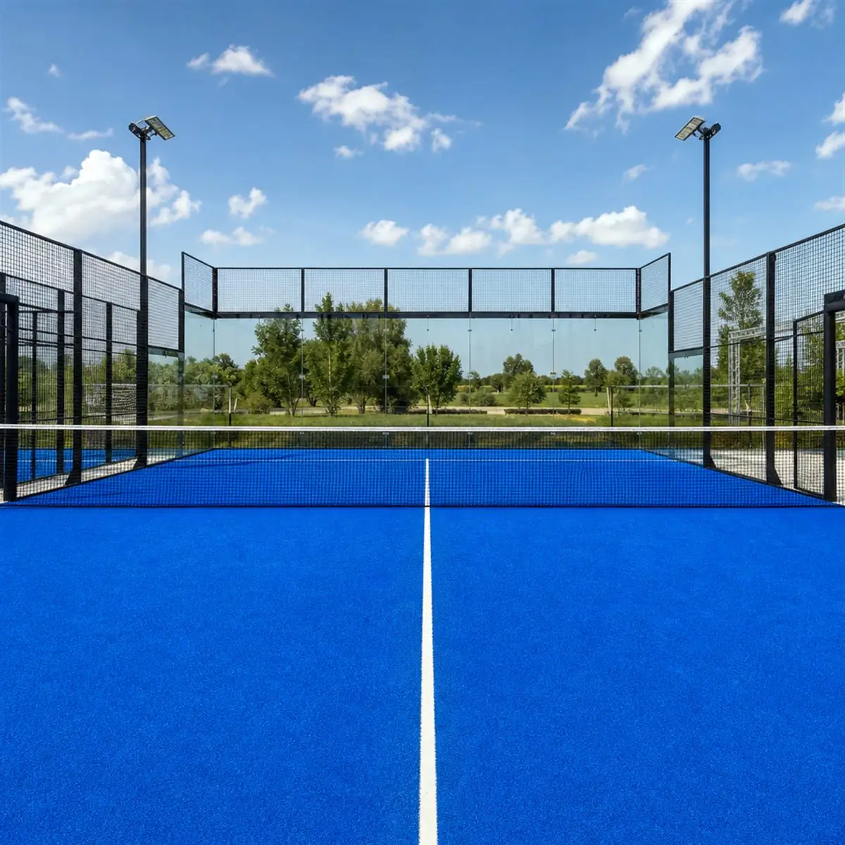 Outdoor padel court in London with blue artificial-grass surfacing and white line markings