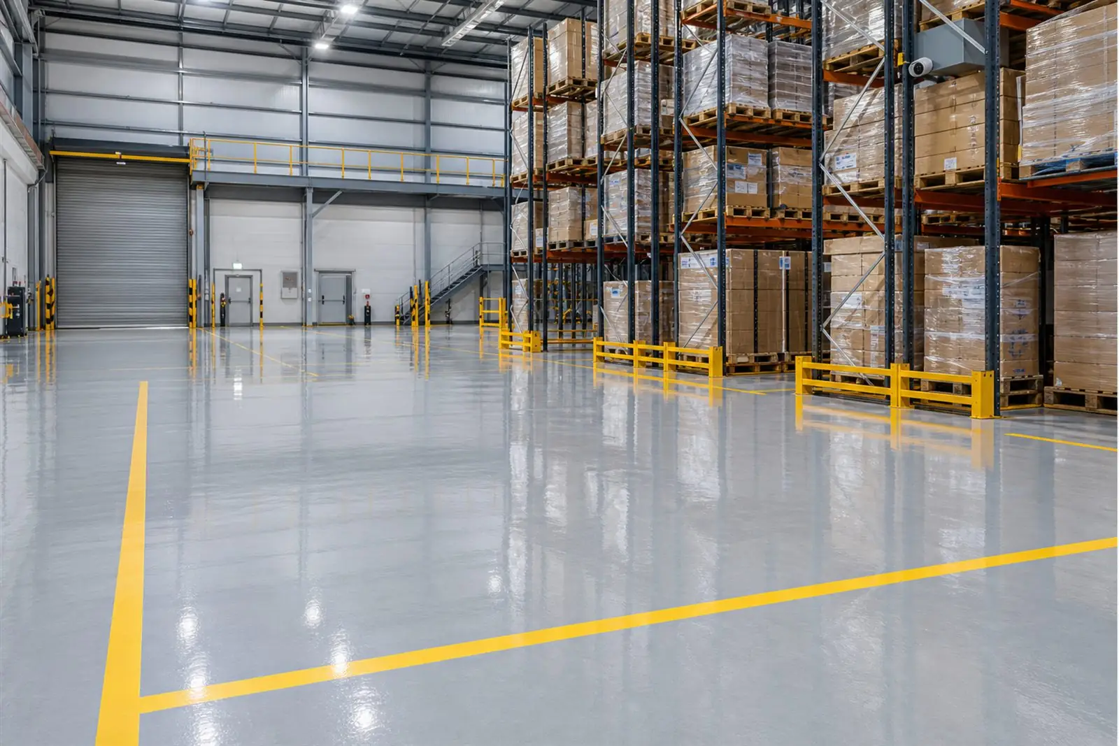 Hard-wearing glossy epoxy resin floor in a London warehouse, with yellow safety line markings